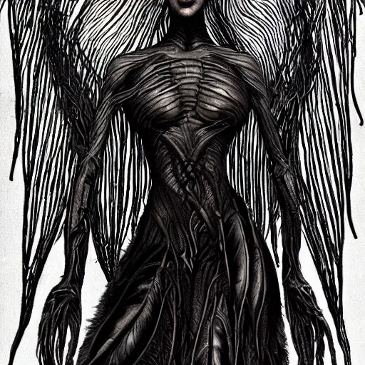 Prompt: detailed illustration of attractive sexy mysterious humanoid alien inhuman species with beautiful human female face, female human torso, dark fae, black feather braided hair, feathers growing out of skin, huge wings growing out of arms, transformation, floating in zero gravity on starship, brian froud, tim burton, guillermo del toro, giger, science fiction