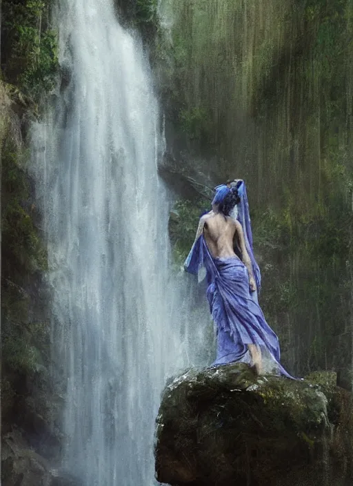 Image similar to painting of a goddess showering in a waterfall, veiled in mist, with her robes folded and set on a rock in the foreground, detailed, stylized, loose brush strokes, pastel colors, blue and green hues, by Jeremy Mann, intricate, beautiful