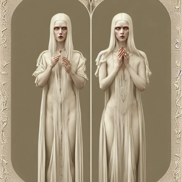 Prompt: alone with herself wonderful symmetrical woman albino goddess with a wonderful face with a beautiful porcelain symmetrical body dressed with a majestic semi transparent cream long cotton dress, hightly ornate, intricate, detailed, dramatic light, award winning, octane render, tom bagshaw style