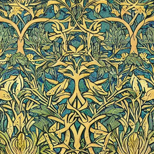 Image similar to william morris wallpaper of tree of life motif.