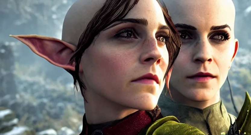 Image similar to promotional image of emma watson as a bald elf in dragon age : inquisition, detailed face, movie still, promotional image, imax 7 0 mm footage