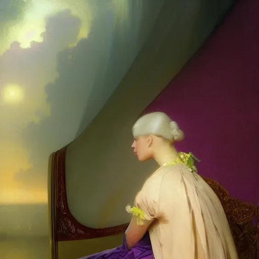 Image similar to a young woman's face, her hair is white and she wears an royal purple satin cloak, by ivan aivazovsky and syd mead and moebius and gaston bussiere and roger dean and pieter claesz and paul delaroche and alma tadema and aelbert cuyp and willem claesz, hyperrealistic, volumetric light, octane render