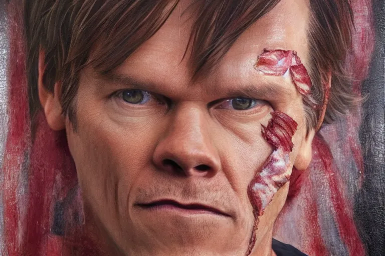 Prompt: an ultra realistic painting of kevin bacon, bacon rasher, bacon rasher wrapped around his face, 8 k, cinematic, movie still