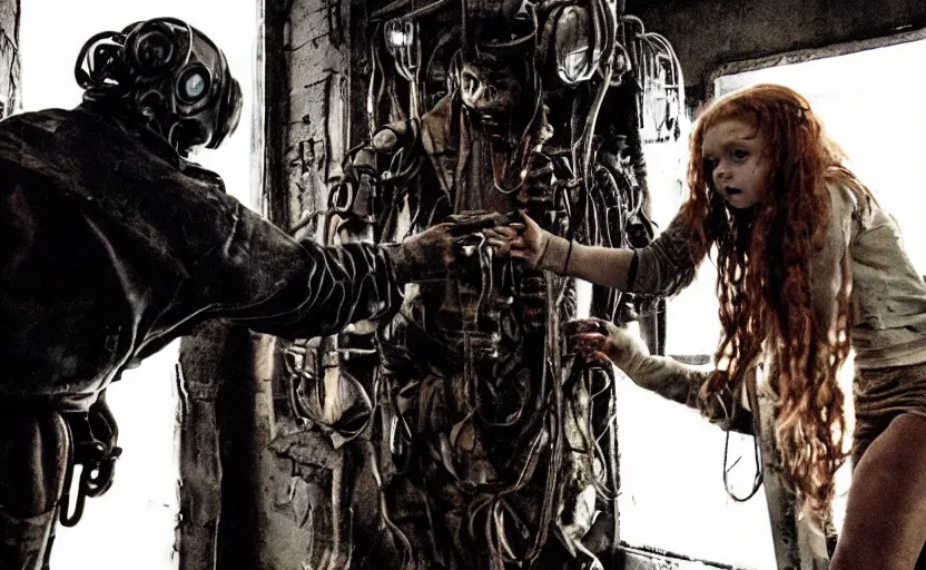 Prompt: scary machine monster grabbing sadie sink dressed as a miner : a scifi cyberpunk film from 1 9 8 0 by steven spielberg and james cameron. 6 5 mm low grain film stock. sharp focus, moody cinematic atmosphere, detailed and intricate environment