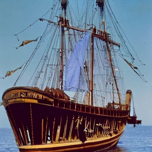 Prompt: photograph of a steam punk nineteenth century whaling ship kodachrome sunshine