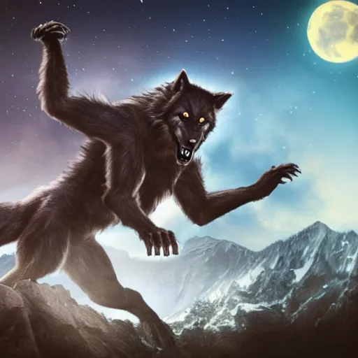 Image similar to werewolf transforming on top of a mountain in the moonlight