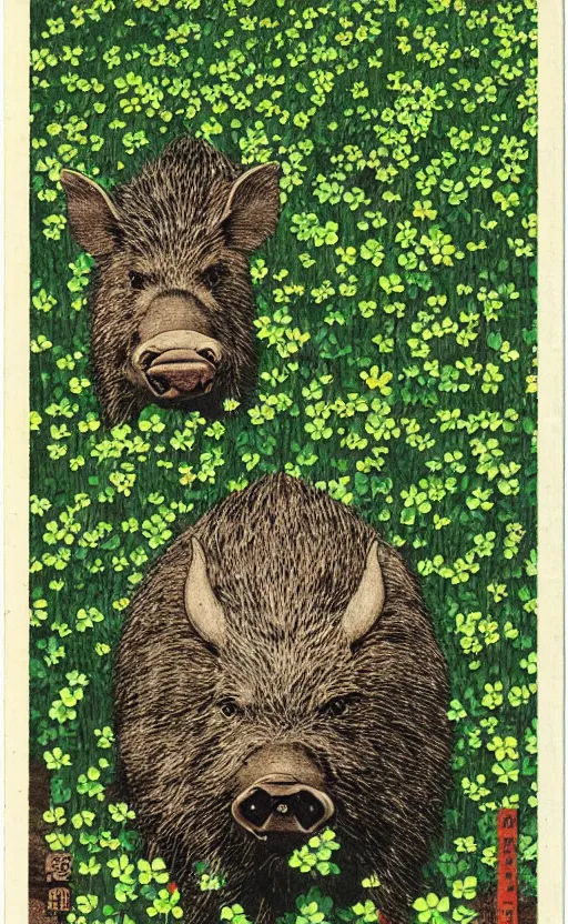 Image similar to by akio watanabe, manga art, portrait of a boar in a field of clovers, trading card front