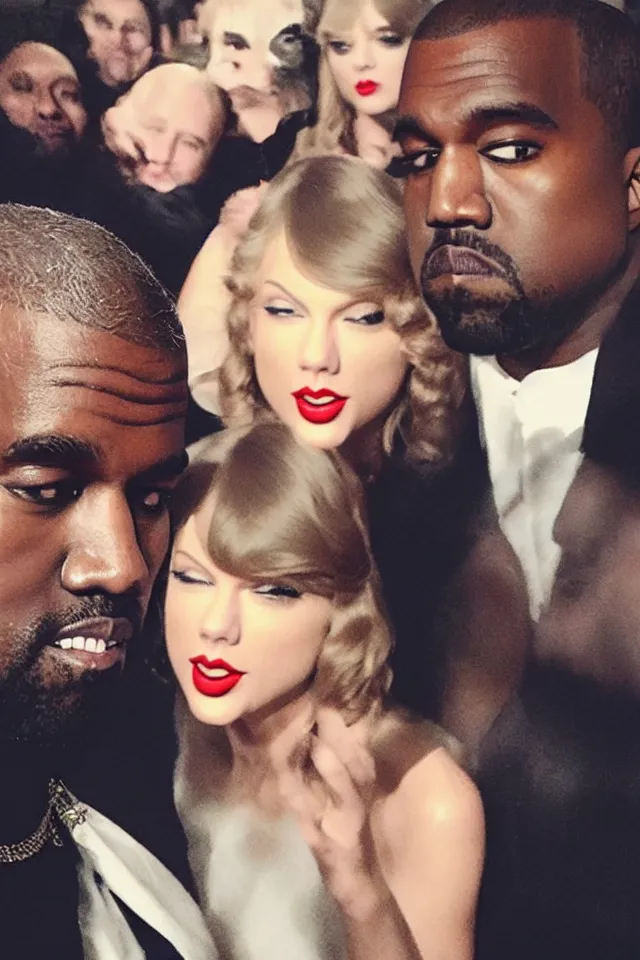 Image similar to Kanye West selfie with Taylor Swift, trending on twitter, trending on Instagram, viral photo