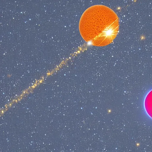 Image similar to sunkist gems float in outer space in orbit around alpha centuri.