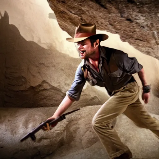 Prompt: indiana jones in a cave being chased by an builder