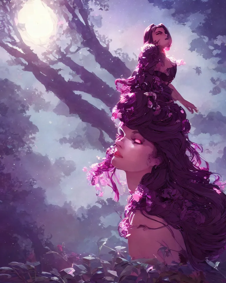 Image similar to a highly detailed image of A beautiful woman basking in the moonlight, with medium length magenta hair, and tall tree, and large obsidian crystals, cinematic lighting, dramatic atmosphere, by Dustin Nguyen, Akihiko Yoshida, Greg Tocchini, Greg Rutkowski, Cliff Chiang, 4k resolution, trending on artstation