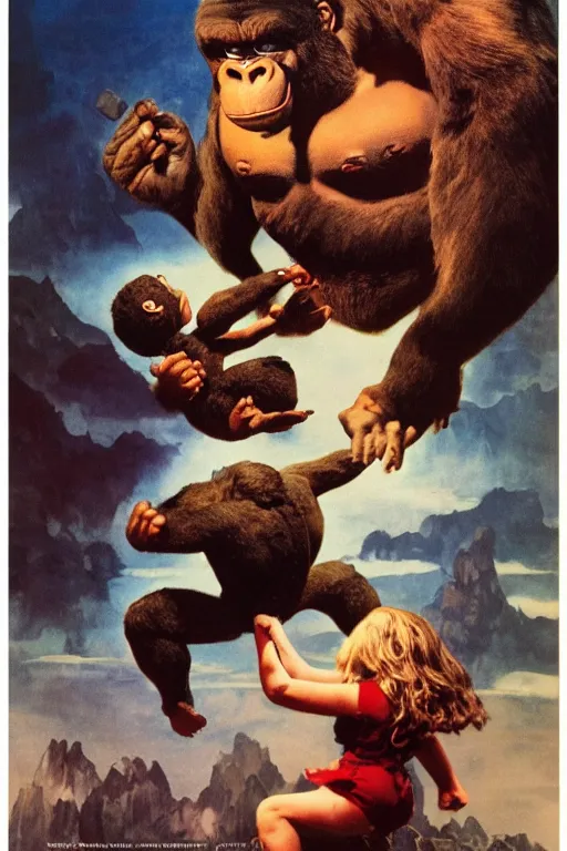 Prompt: Movie poster of marshmallow king kong carrying a cute amigurumi girl, by frank frazetta, Noriyoshi Ohrai, ilya repin, 8k, hd, high resolution print