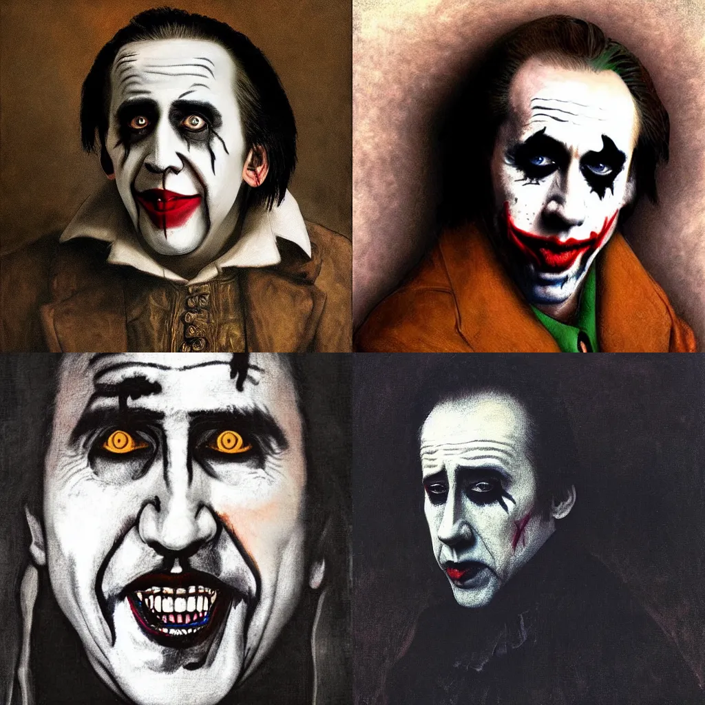 Prompt: Nicolas Cage as the joker, Rembrandt style