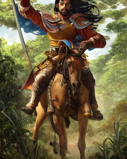 Prompt: detailed portrait of a spanish conquistador riding a horse in a dense jungle, art by clay mann and takeshi obata and greg rutkowski, studio ghibli color cheme, portrait, tarot card, sharp focus, unreal engine, detailed, realistic, face