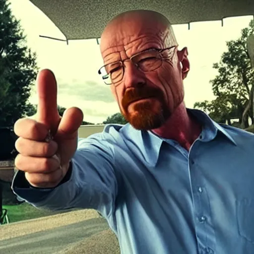Image similar to walter white sending a selfie doing a heart gesture
