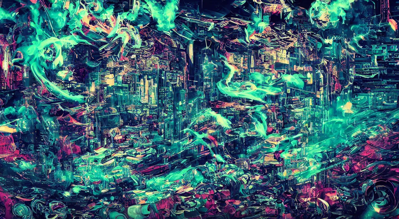 Digital glitch art image is an explosion of vibrant neon colors