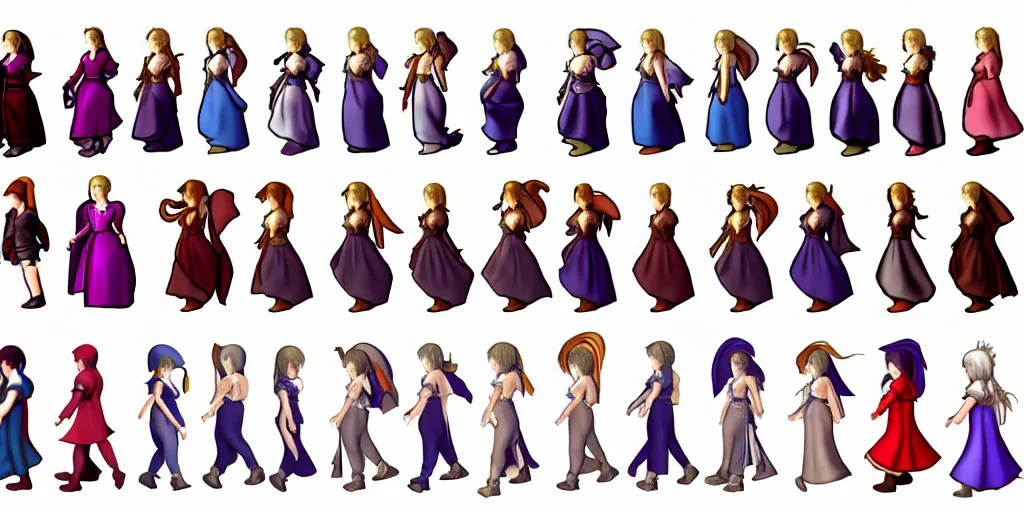 Image similar to walking animation sprite sheet of a girl in a renaissance dress, walking to the right, each sprite is a different frame of the animation, in the style of final fantasy games, side view of her taking steps, accurate walk cycle, walk cycle, walk cycle