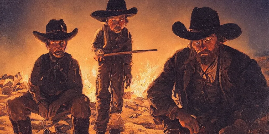 Image similar to in the old west, at a campfire at night, close up portrait of a rugged bandit ( alone ) watches a young boy ( ( alone ) ) watches the stars and his horse grazes, in the style of fredrick remington, oil painting, warm color palate, astral