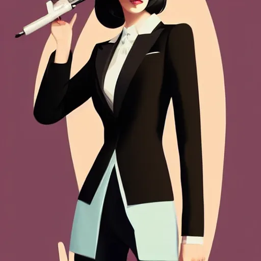 Image similar to young female in black tuxedo, corporate boss, luxury, muted colors, matte print, pastel colors, 2d, ultra highly detailed, smooth, sharp focus, digital art, digital painting, fan art, elegant, artstation, by Ilya Kuvshinov