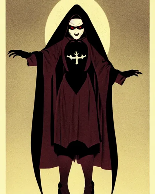 Image similar to single scary female vampire nun, evil grin, nun outfit, closeup, photoshoot, powerful, super detailed and intricate, by koson ohara, by darwyn cooke, by greg rutkowski, by satoshi kon