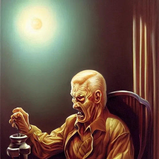 Image similar to closeup face, big eyes, angry old man in chair inside a dark house, surrealism, painting by boris vallejo and michael whelan