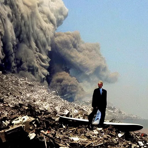 Prompt: george w bush surfing on the pyroclastic cloud of the collapsing world trade center debris as if it were a wave on 9 / 1 1 / 0 1