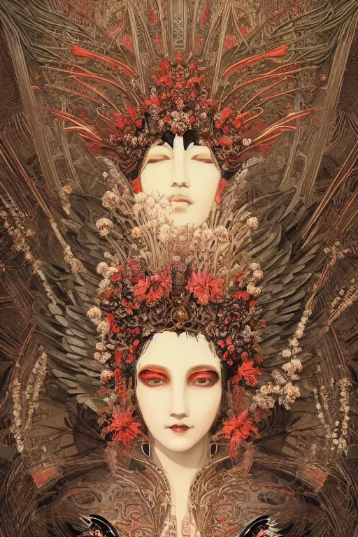 Image similar to portrait breathtaking detailed concept art painting art deco pattern of birds goddesses amalmation flowers head thibetan temple, by hsiao ron cheng, tetsuya ichida, bizarre compositions, yoji shinkawa, exquisite detail, extremely moody lighting, 8 k, art nouveau, old chines painting, art nouveau