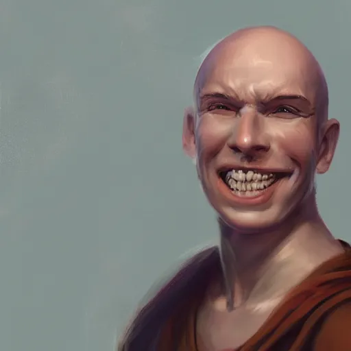 Prompt: a head - on detailed oil portrait of a friendly round - faced bald male monk with a friendly smile, by charlie bowater, lise deharme, wlop, trending on artstation, dungeon and dragons art, critical role