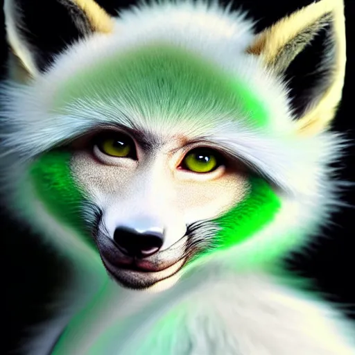 Image similar to fox as a monkey, fluffy white fur, black ears, stunning green eyes, extremely long white tail with black tip, award winning creature portrait photography, extremely detailed, artstation, 8 k, sensual lighting, incredible art, wlop, artgerm