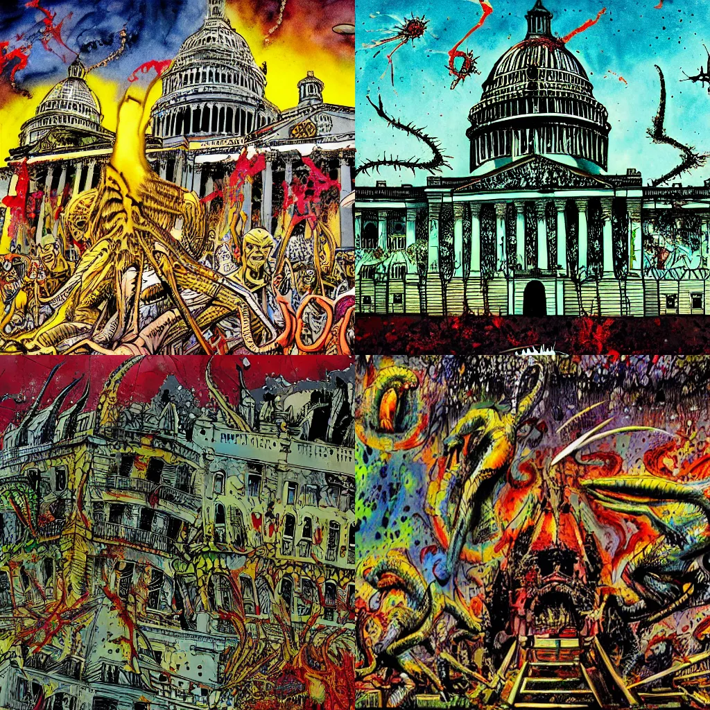 Prompt: lizard men attack the capitol building, Ralph steadman, psychedelic, surreal, ink splatter, detailed, 4k