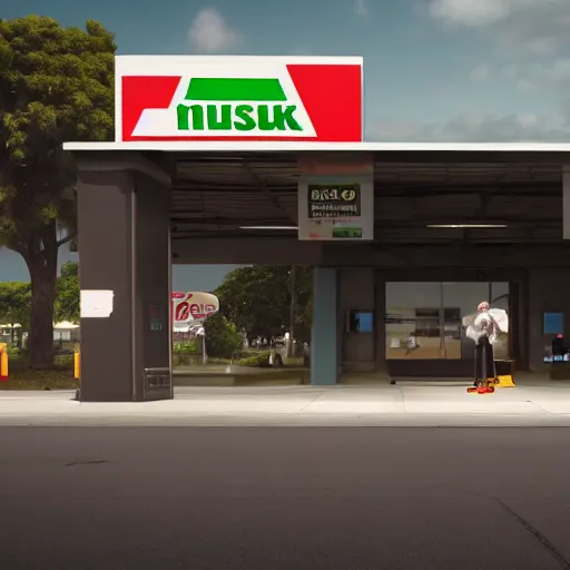 Image similar to Elon Musk manning a 7/11 cashier and wearing their uniform, macro, wide shot, dramatic lighting, octane render, hyperrealistic, HD