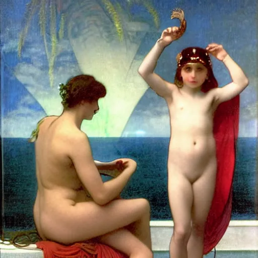 Image similar to Moon girl at the palace, thunderstorm, greek pool, beach and palm trees on the background major arcana sky, by paul delaroche, alphonse mucha and arnold böcklin arnold böcklin hyperrealistic 8k, very detailed