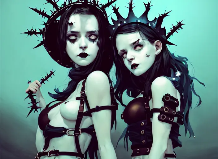 Image similar to portrait of two cute goth maiden girls with crown of thorns and white short hairs, dressed in belts bikini, warhammer, cyberpunk, by atey ghailan, by greg rutkowski, by greg tocchini, by james gilleard, by joe gb fenton, by kaethe butcher, dynamic lighting, gradient light blue, brown, blonde cream and white color in scheme, grunge aesthetic