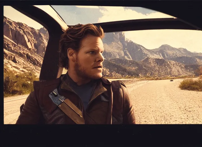 Image similar to a very high resolution image from a new movie, starlord. driving around. inside of a car. mountains, polaroid, directed by wes anderson