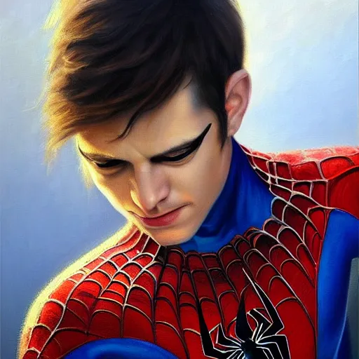 Prompt: stunning serene portrait of Spiderman by Mark Arian, oil on canvas, masterpiece, realism, piercing gaze, autumn bokeh