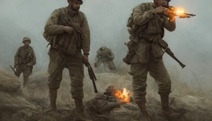 Image similar to beautiful film still of a war movie where a lone survivor, one soldier after his squad killed in action in a trench waiting for the war to end. cinematic lighting and rendering, atmospheric, concept art, high detailed faces, artstation, underpainting by artgerm and greg rutkowski, overpainted by eddie mendoza, post process by ross tran
