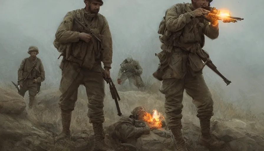 Prompt: beautiful film still of a war movie where a lone survivor, one soldier after his squad killed in action in a trench waiting for the war to end. cinematic lighting and rendering, atmospheric, concept art, high detailed faces, artstation, underpainting by artgerm and greg rutkowski, overpainted by eddie mendoza, post process by ross tran