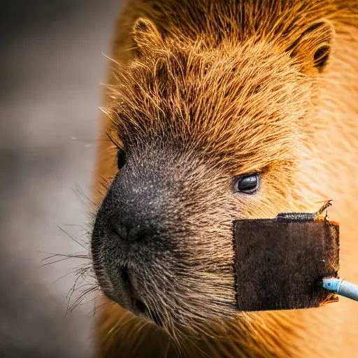 Image similar to cute capybara eating a neon nvidia gpu, chewing on a video card, cooling fans, cyberpunk, wildlife photography, bokeh, sharp focus, 3 5 mm, taken by sony a 7 r, 4 k, award winning