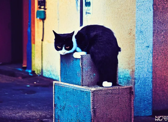 Image similar to photography of a Cat sitting on a box. in a cyberpunk street, award winning photo, saturated, colored, colors, 100mm, sharp, high res