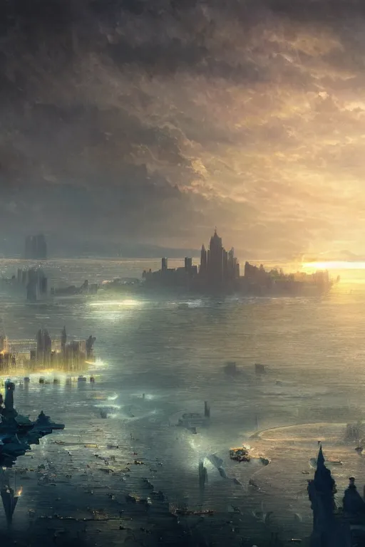 Image similar to magnificent view of the city of atlantis rising on the sea, intricate, elegant, volumetric lighting, digital painting, highly detailed, artstation, sharp focus, illustration, concept art, ruan jia, steve mccurry