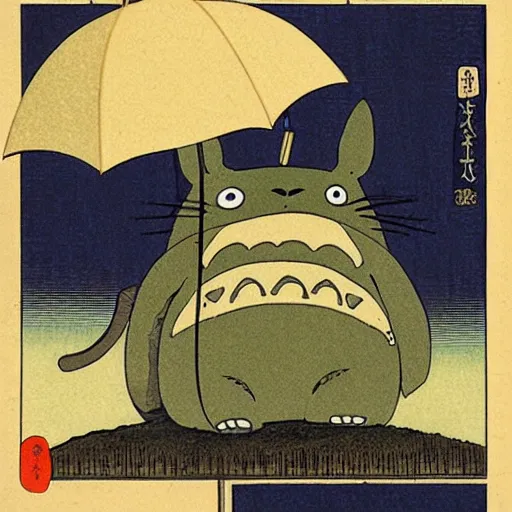 Image similar to Totoro is holding an umbrella in the rain, ukiyo-e