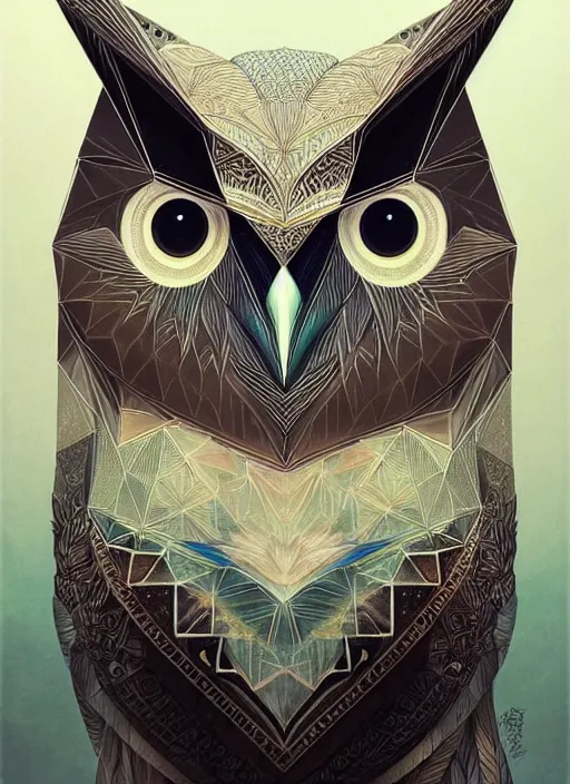 Image similar to portrait of a geometric owl, identical eyes, medium shot, illustration, full body made of white feathers, symmetrical, art stand, super detailed, cinematic lighting, and its detailed and intricate, gorgeous, by peter mohrbacher