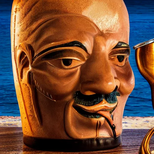 Image similar to a closeup photorealistic photograph of smiling salvador dali at trader vic's bar sitting next to a trader vic's style tiki mug featuring the face of salvador dali. tiki culture. bright scene. 4 k hd image that's trending on artstation, featured on behance, well rendered, extra crisp, features epic composition and the style of unreal engine.