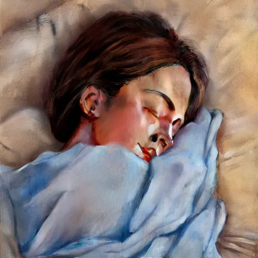 Prompt: full - bodied portait of elegant and beautiful sleeping girl, with joyful expression, oil painting, high qulity realistic, hd, 8 k, art by evan wilson