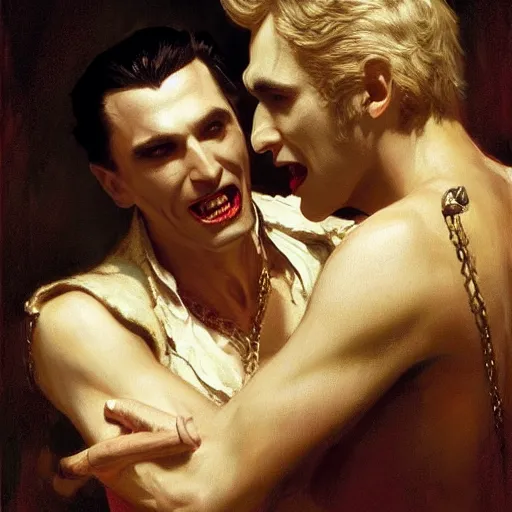 Image similar to attractive male, arthur pendragon confesses his love to attractive male dracula the vampire. highly detailed painting by gaston bussiere, craig mullins, j. c. leyendecker 8 k