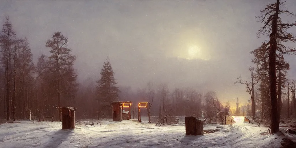 Prompt: The gateway into winter, cottagecore, by Simon Stålenhag and Albert Bierstadt, oil on canvas