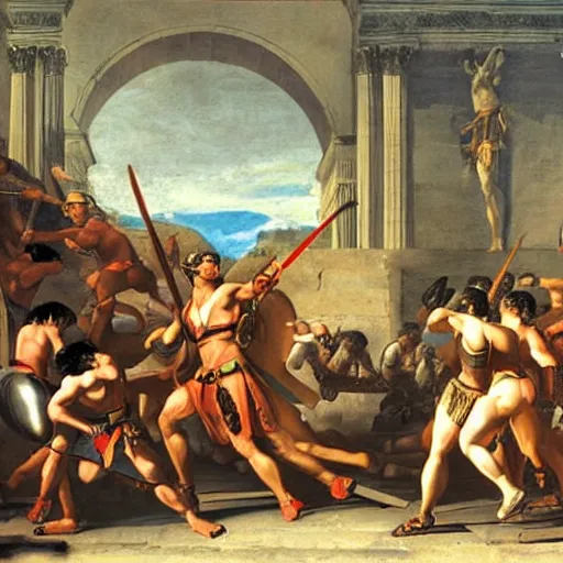 Image similar to muscular warrior women, spartan warrior women, clashing in gladiatorial arena, roman coliseum, roman emperor watching, art by jacques - louis david