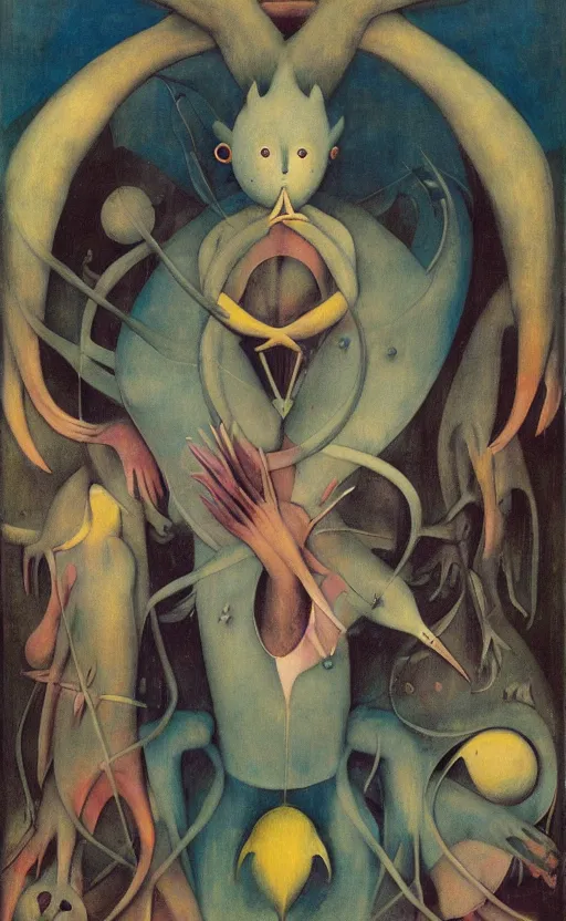 Image similar to an entirely new non-existing Pokemon, tarot card, beautiful frames, Leonora Carrington moebius Hieronymus Bosch Max Ernst dali Zdzisaw Beksiñski Roland Topor Henryk Plociennik