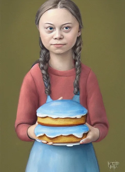 Image similar to greta thunberg eating cakes painted by nicoletta ceccoli, detailed digital art, trending on Artstation