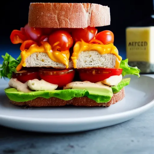 Image similar to sandwich with fried tofu, one red tomato slice, mayo, onion, avocado, melted cheddar, red dish, background : jupiter and stars in the sky